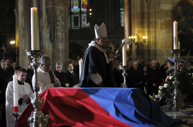 Archbishop Duka walks next to the coffin of late former President Havel during the funeral ceremony inside Prague Castle's St. Vitus Cathedral