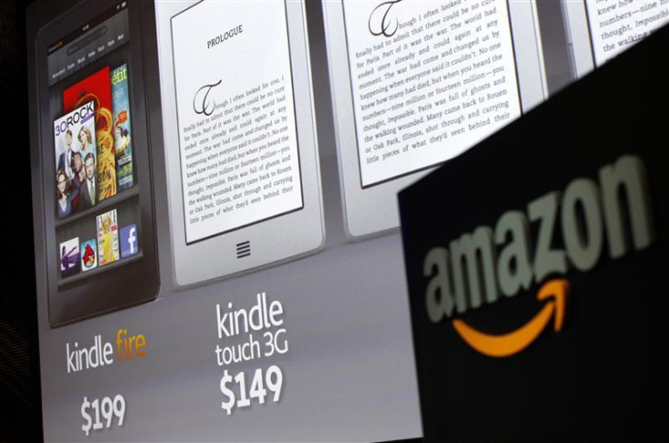 Graphics of new Amazon Kindle tablets seen at news conference in New York