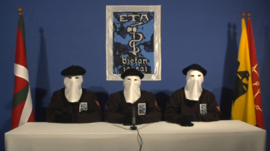 Frame grab shows members of Basque separatist group ETA declaring ceasefire