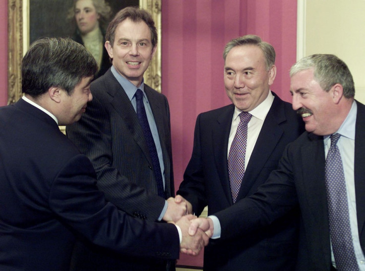 BRITISH PRIME MINISTER TONY BLAIR GREETS KAZAKHSTAN'S PRESIDENT NAZARBAYEV IN LONDON.