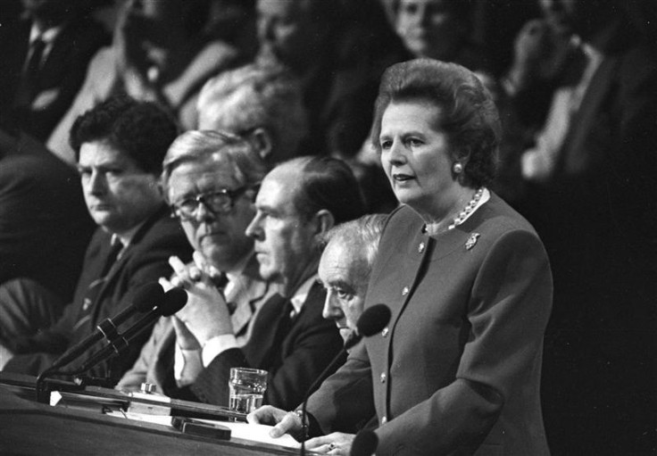 Margaret Thatcher gives the final address of the Conservative Convention in Brighton in this 1988 file photo
