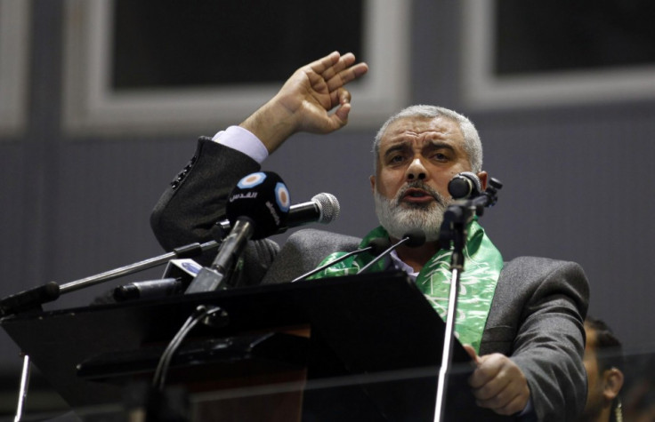 Ismail Haniyeh speaks during a meeting in Tunis