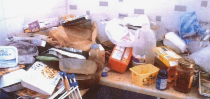 Kitchen surfaces covered in containers of rotting food in Kimberly Hainey's flat