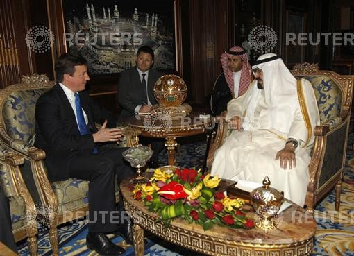 Saudi Arabia's King Abdullah meets British Prime Minister David Cameron in Riyadh