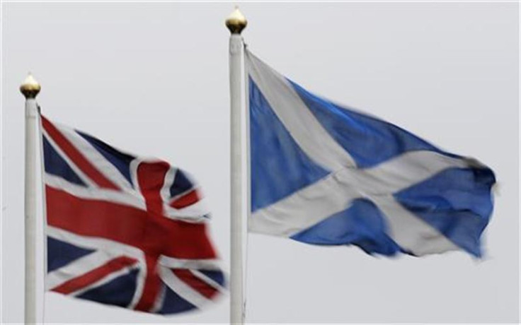 The Union flag and Saltire are seen flying side by side at Bankfoot in Perthshire ,Scotland