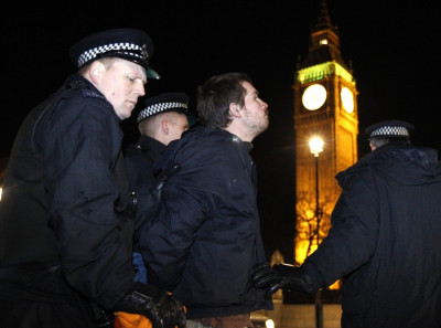 Parliament Square protester taken away by police during the Westminster eviction Parliament Square protester taken away by police during the Westminster eviction