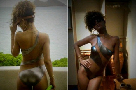 Rihanna took some amazing snaps of herself in a metallic monokini for a fan along with the message 'just for u'.