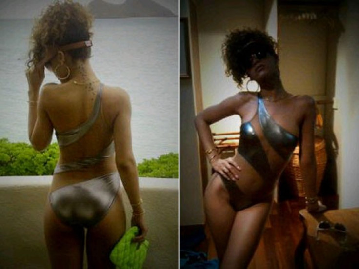 Rihanna took some amazing snaps of herself in a metallic monokini for a fan along with the message 'just for u'.