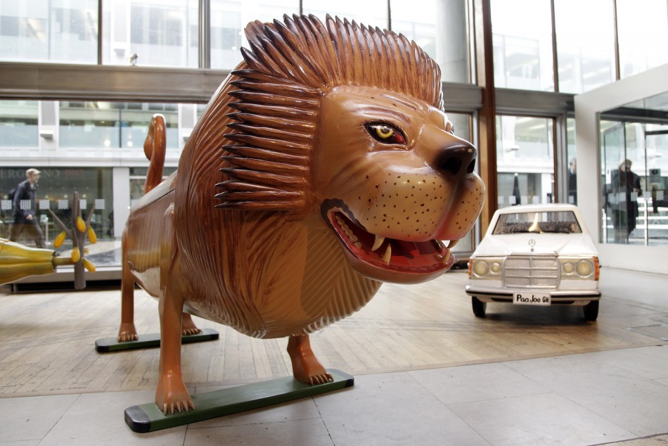 A lion-shaped coffin is seen at the Southbank Centre in London