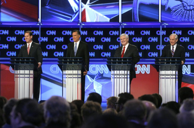 Republican presidential candidates (L-R) former U.S. Senator Rick Santorum (R-PA), former Massachusetts Governor Mitt Romney, former House Speaker Newt Gingrich and U.S. Rep. Ron Paul (R-TX)