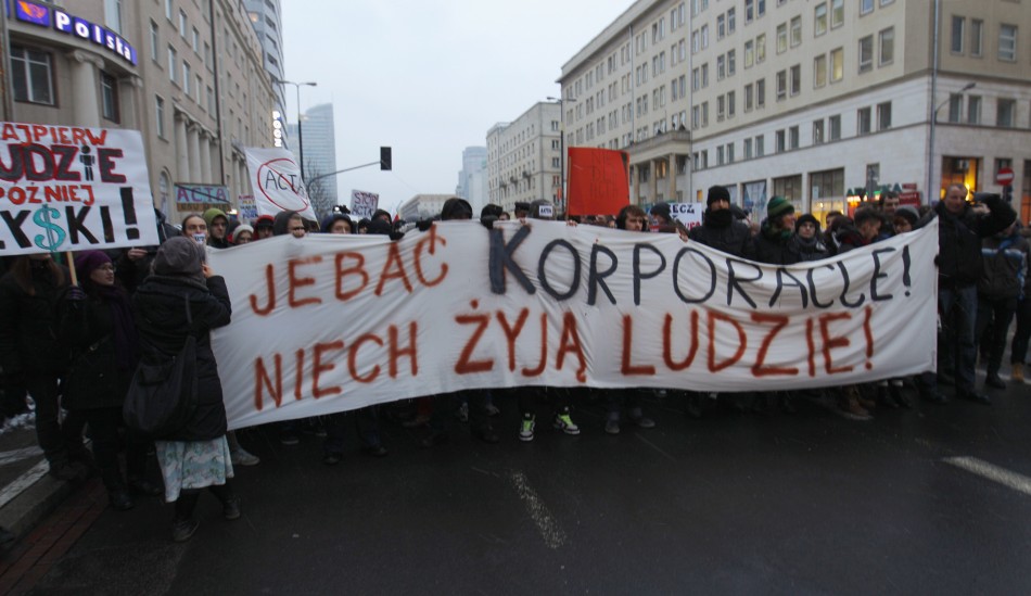 Demonstrators protest against Polish government plans to sign Acta