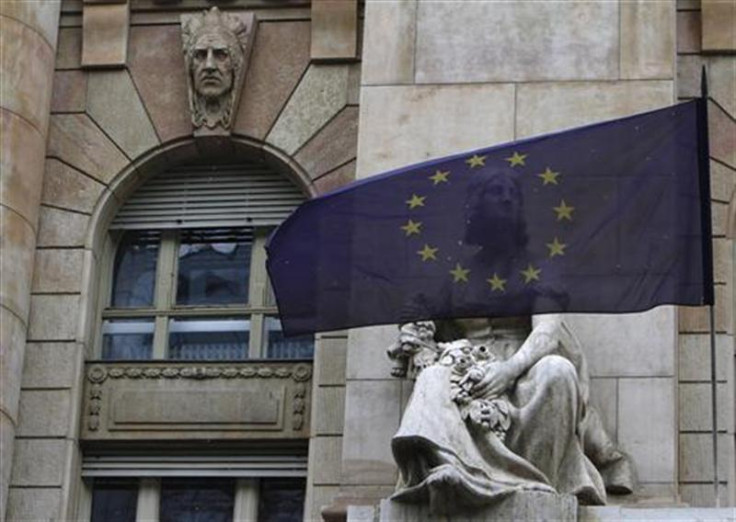 An EU flag flies on the frontage of the National Bank of Hungary building in Budapest