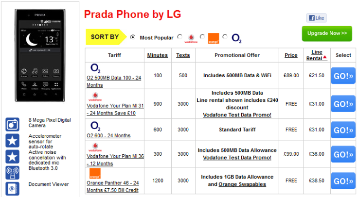 LG Prada 3.0 Offers on Phones 4U
