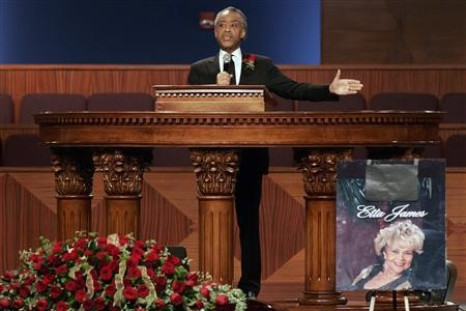 Reverend Al Sharpton delivers the eulogy at the funeral for singer Etta James, who died last week at age 73, at City of Refuge in Gardena, California