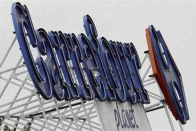 The logo of Carrefour Planet supermarket is seen in Bordeaux