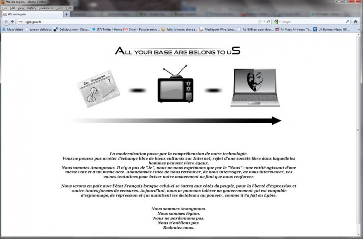 Screengrab of French government website defaced by Anonymous