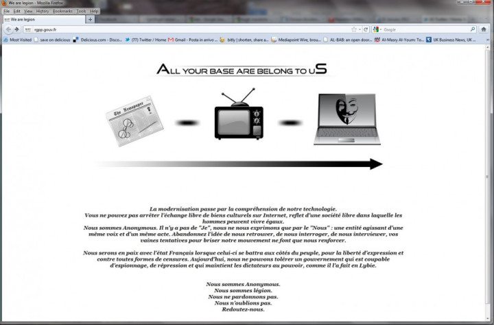 Screengrab of French government website defaced by Anonymous Screengrab of French government website defaced by Anonymous