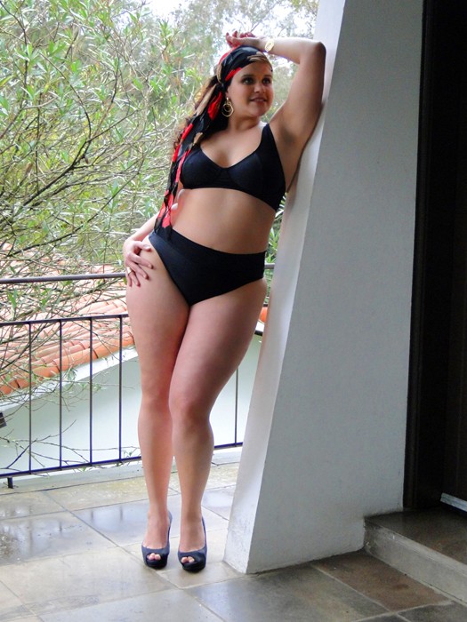 A model wears a  black bikini from the  Lehona plus-size collection
