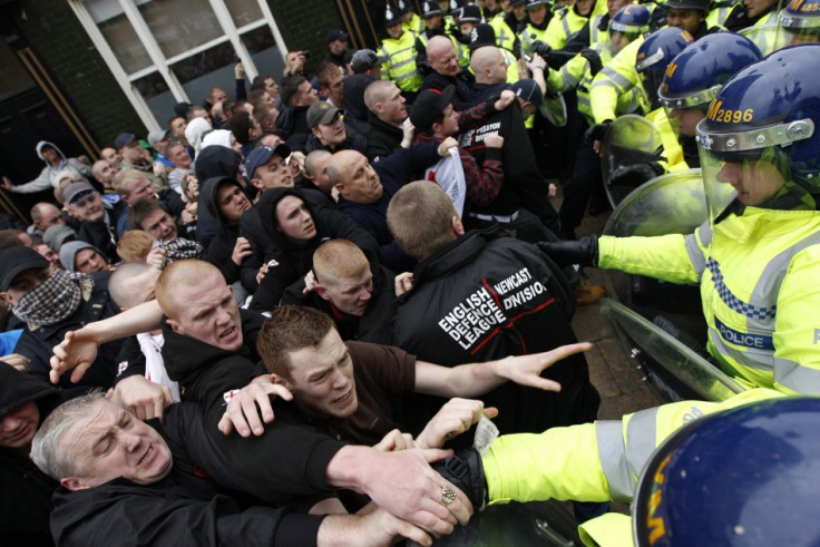 EDL clash with police during a march in Leicester 2010