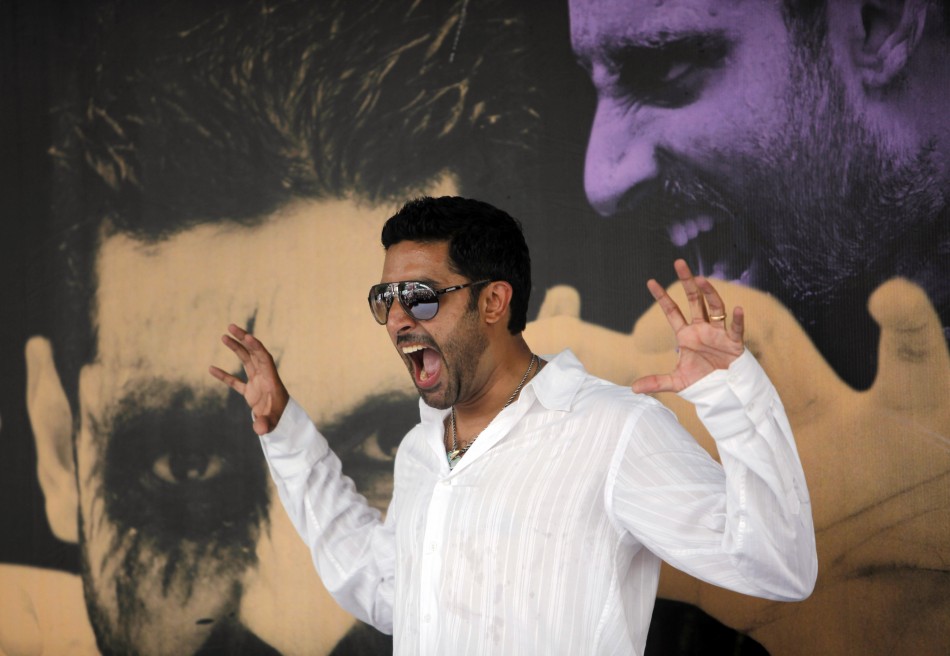 Bollywood actor Abhishek Bachchan gestures during a promotional campaign for a movie in Mumbai