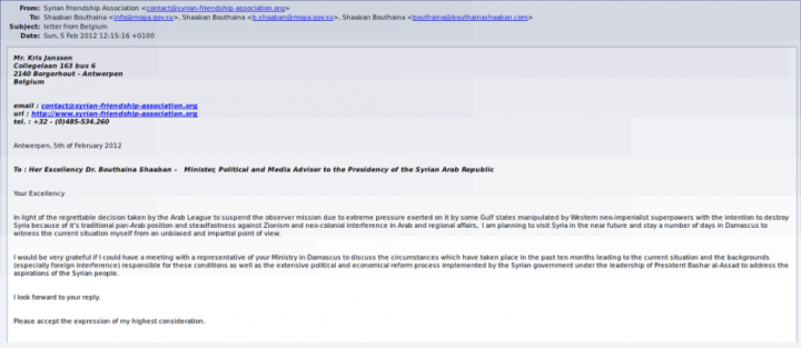 Screengrab of the email sent by Kris Janssen to Assad's adviser Screengrab of the email sent by Kris Janssen to Assad's adviser