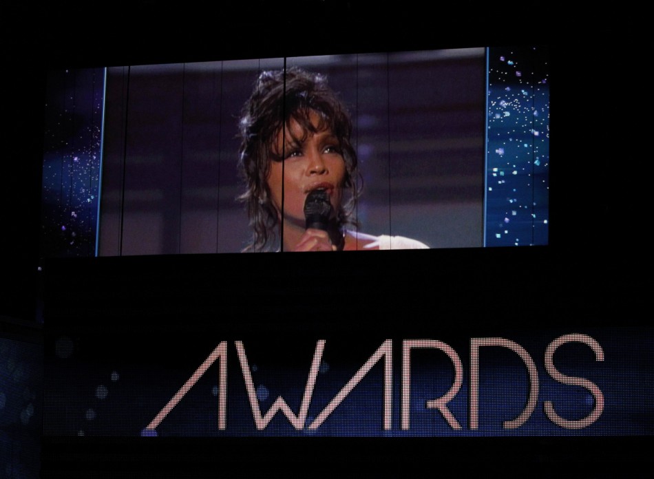 Singer Whitney Houston is shown on a video screen in a 1994 Grammy performance during the 54th annual Grammy Awards in Los Angeles