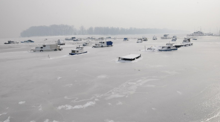 Boats stuck in ice on on Danube river in Belgrade