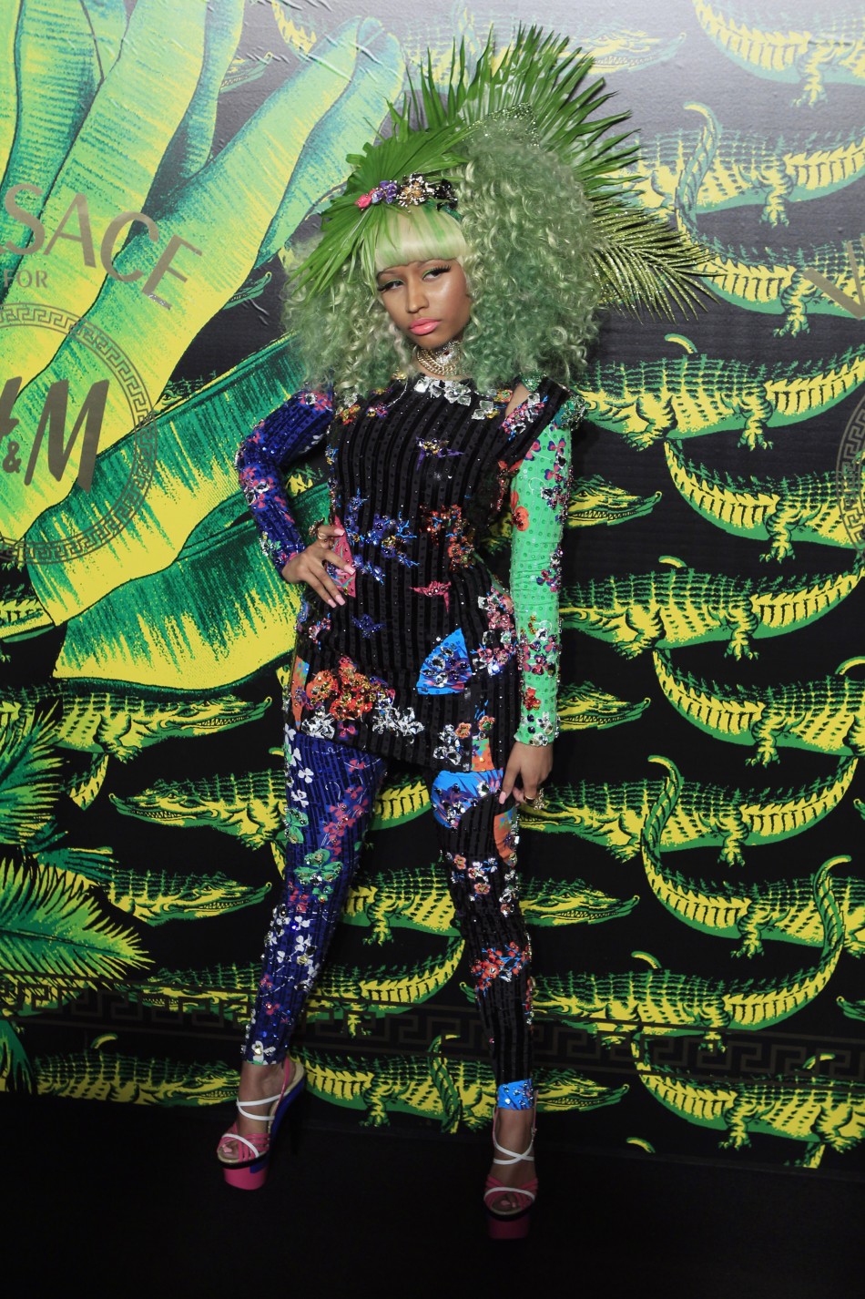 Singer Minaj arrives at a party to celebrate the upcoming launch of the Versace for HM collection in New York