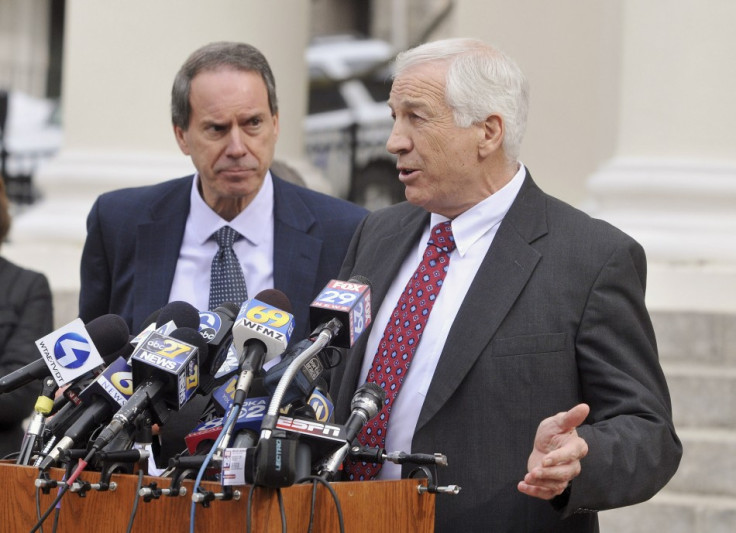 Jerry Sandusky addresses the media outside of the courthouse in Bellfonte, Penn.