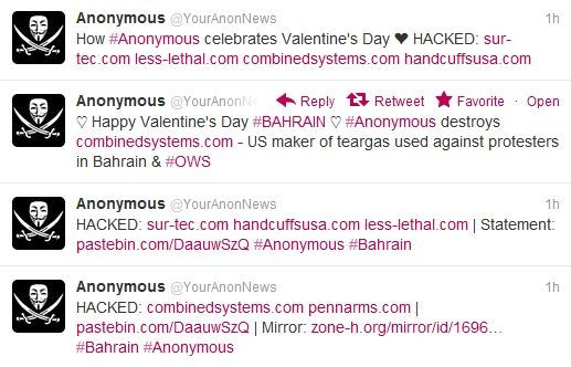 Anonymous Takes Down Web Sites of Bahrain Government and U.S. Maker of Teargas Used on Protesters Anonymous Takes Down Web Sites of Bahrain Government and U.S. Maker of Teargas Used on Protesters