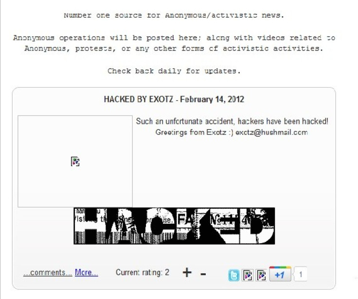 Reports have emerged that AnonyOps, a website associated with the hacktivist Anonymous collective, has been defaced by the hacker Exotz.