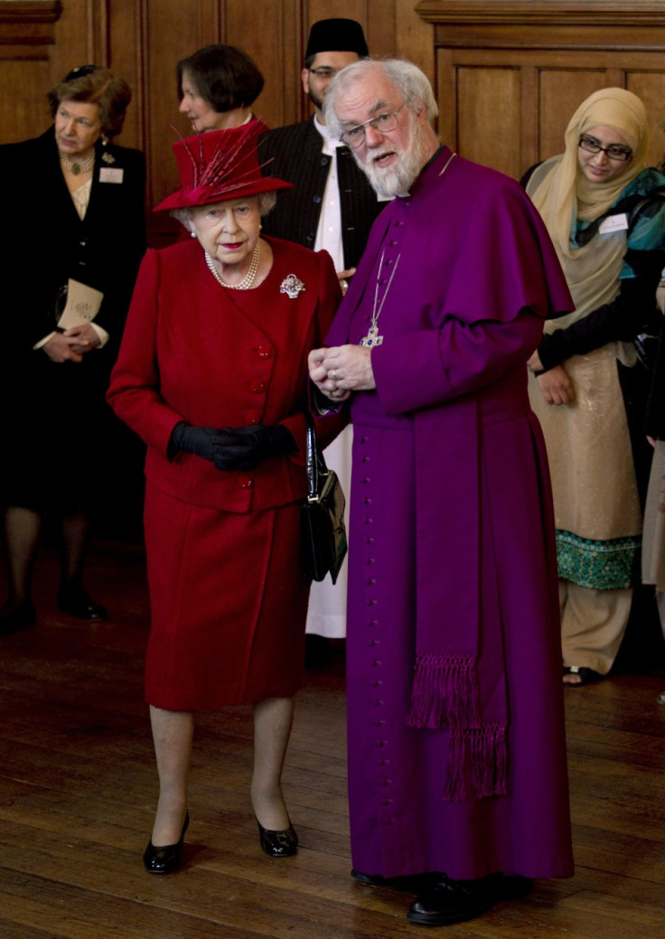 Britain's Queen Elizabeth speaks with the Archbishop of Canterbury, Rowan Williams during a multi-faith reception to mark the Queen's Diamond Jubilee at Lambeth Palace in London February 15, 2012.
