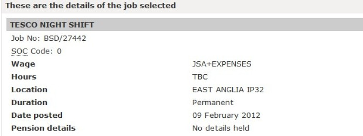 Jobcentre Plus advertised post for night shift in Tesco, listing wage as “JSA + expenses”