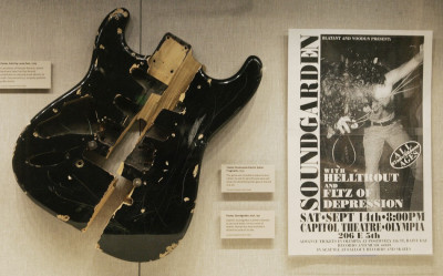 Fragments of a Fender Stratocaster electric guitar that was smashed to pieces by singer Kurt Cobain Fragments of a Fender Stratocaster electric guitar that was smashed to pieces by singer Kurt Cobain