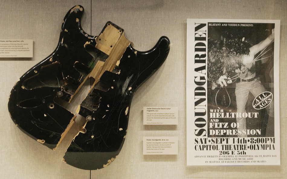 Fragments of a Fender Stratocaster electric guitar that was smashed to pieces by singer Kurt Cobain