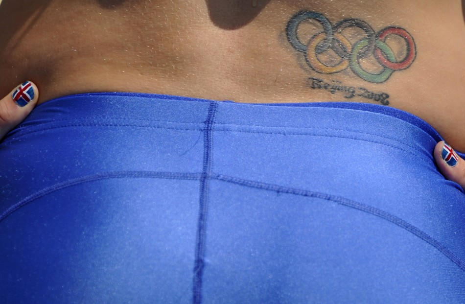 A tattoo of the 2008 Beijing Olympics is pictured on the back of Hjalmsdottir of Iceland during the women039s javelin throw qualifying event at the IAAF World Championships in Daegu