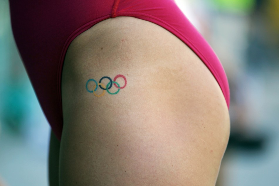 Hersey sports an olympic tattoo on her thigh at the Santa Clara International Grand Prix swim competition in Santa Clara