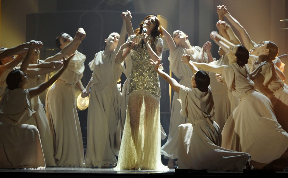 Florence Welch performs with her band Florence  The Machine during the BRIT Music Awards at the O2 Arena in London