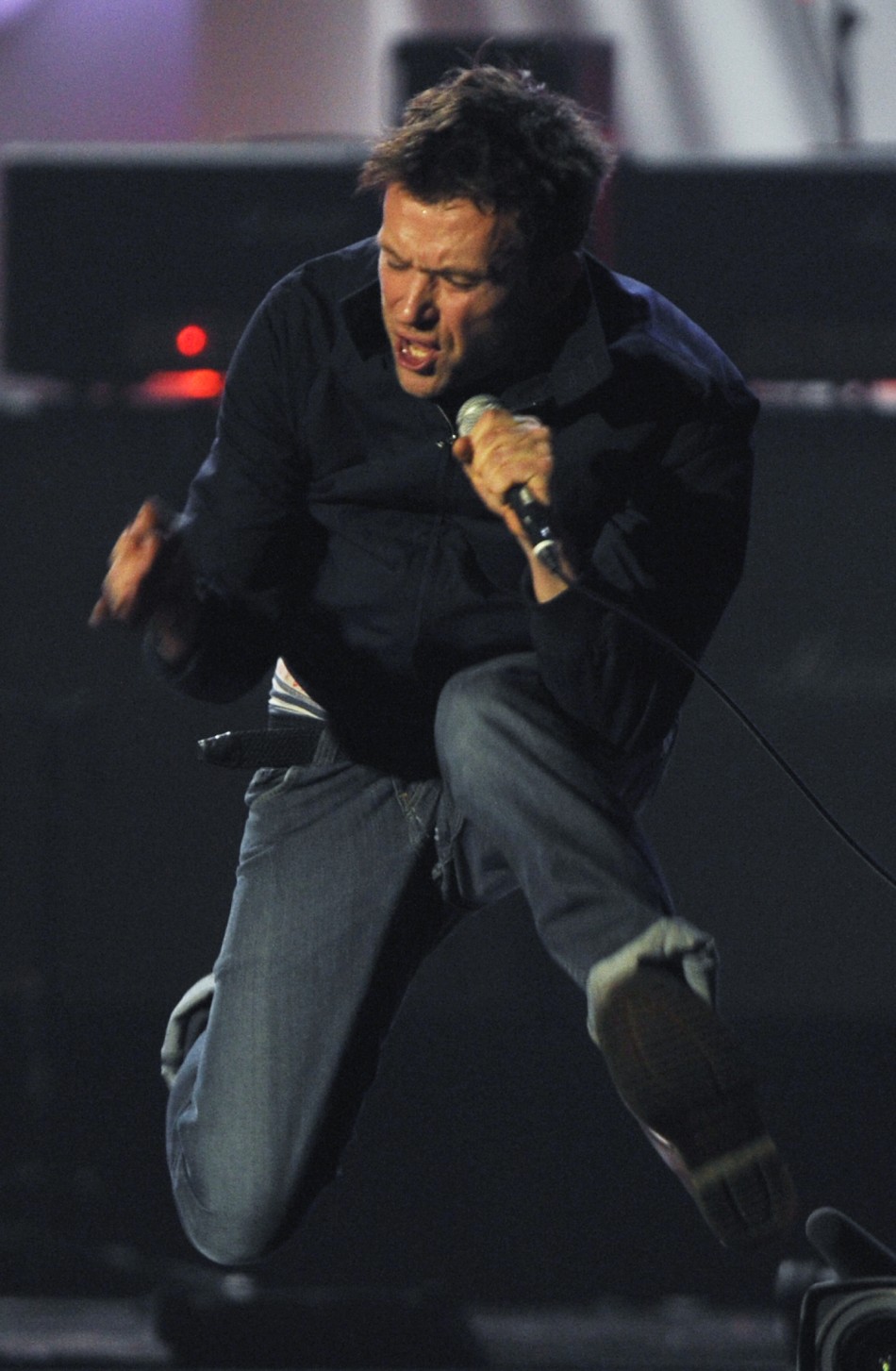 Damon Albarn performs with his band Blur during the BRIT Music Awards at the O2 Arena in London