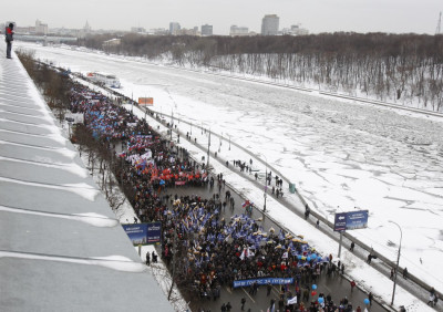 Procession held by Frunzenskaya quay on Moscow River in support of Putin Procession held by Frunzenskaya quay on Moscow River in support of Putin