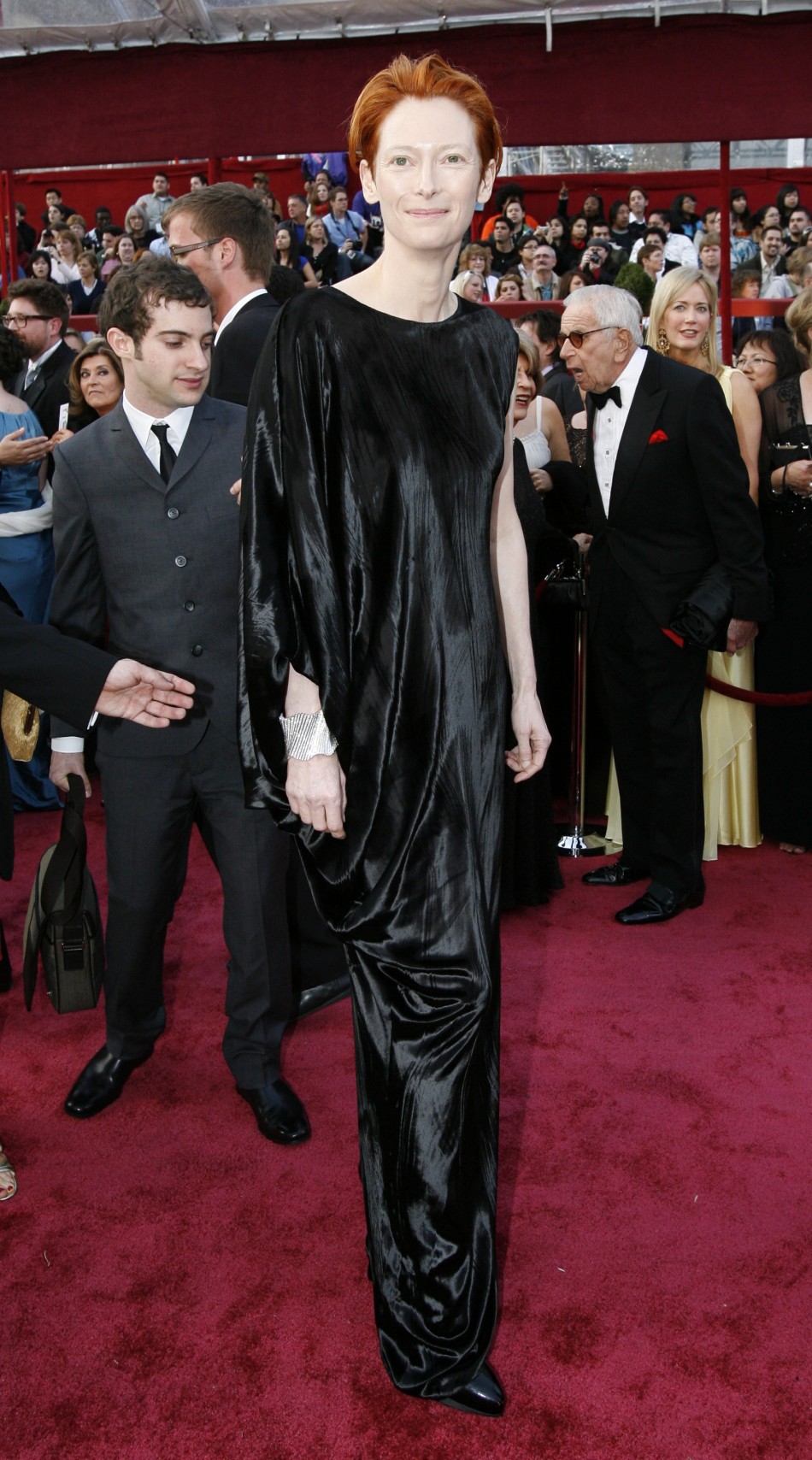 Best supporting actress Oscar nominee Tilda Swinton arrives at the 80th annual Academy Awards in Hollywood