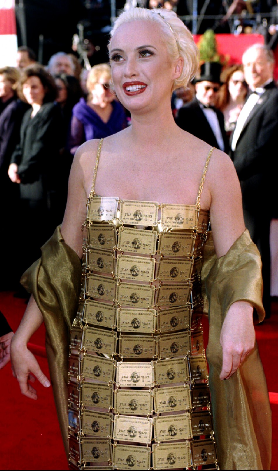 Australian Lizzy Gardiner arrives at the 67th annual Academy Awards March 27 wearing a gown made of American Express credit cards she designed