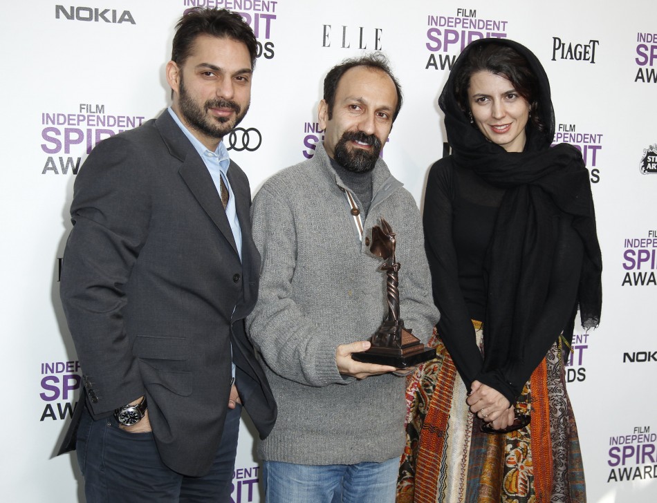 Cast members Leyla Hatami (R) and Peyman Moadi of the film "A Separation" by Iranian filmmaker Asghar Farhadi (C) pose with award for best international film backstage at the 2012 Film Independent Spirit Awards Cast members Leyla Hatami (R) and Peyman Moadi of the film "A Separation" by Iranian filmmaker Asghar Farhadi (C)
