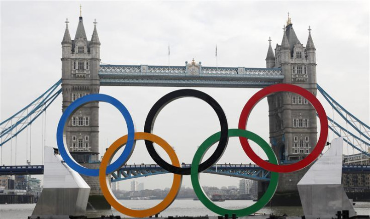 Olympic rings in front of Tower Bridge in London
