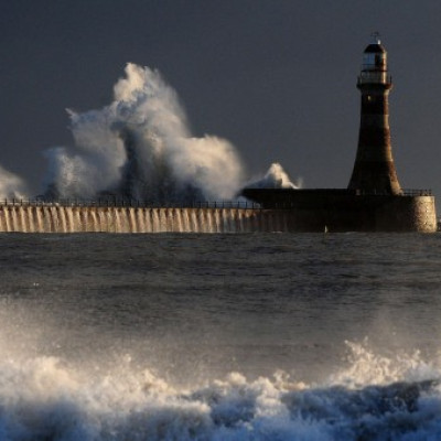 Storm waves hit Seaham lighthouse in Sunderland as an arctic weather front hits the east coast.