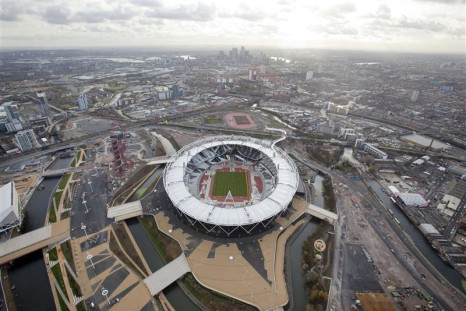 An aerial view shows a section of the London 2012 Olympic Games Olympic Stadium, at the Olympic Park in London