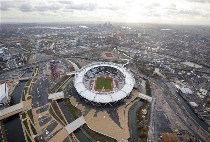 An aerial view shows a section of the London 2012 Olympic Games Olympic Stadium, at the Olympic Park in London