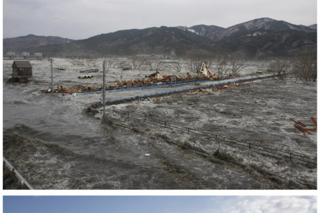 A combination photograph shows the same location on two different dates in Miyako, Iwate Prefecture, northeastern Japan