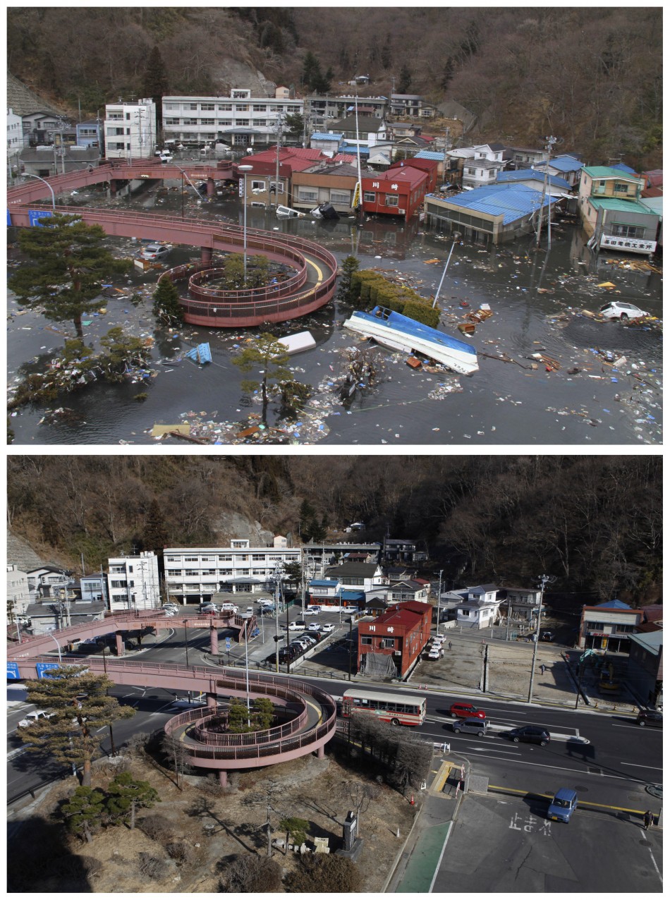 A combination photograph shows the same location on two different dates in Miyako, Iwate Prefecture, northeastern Japan