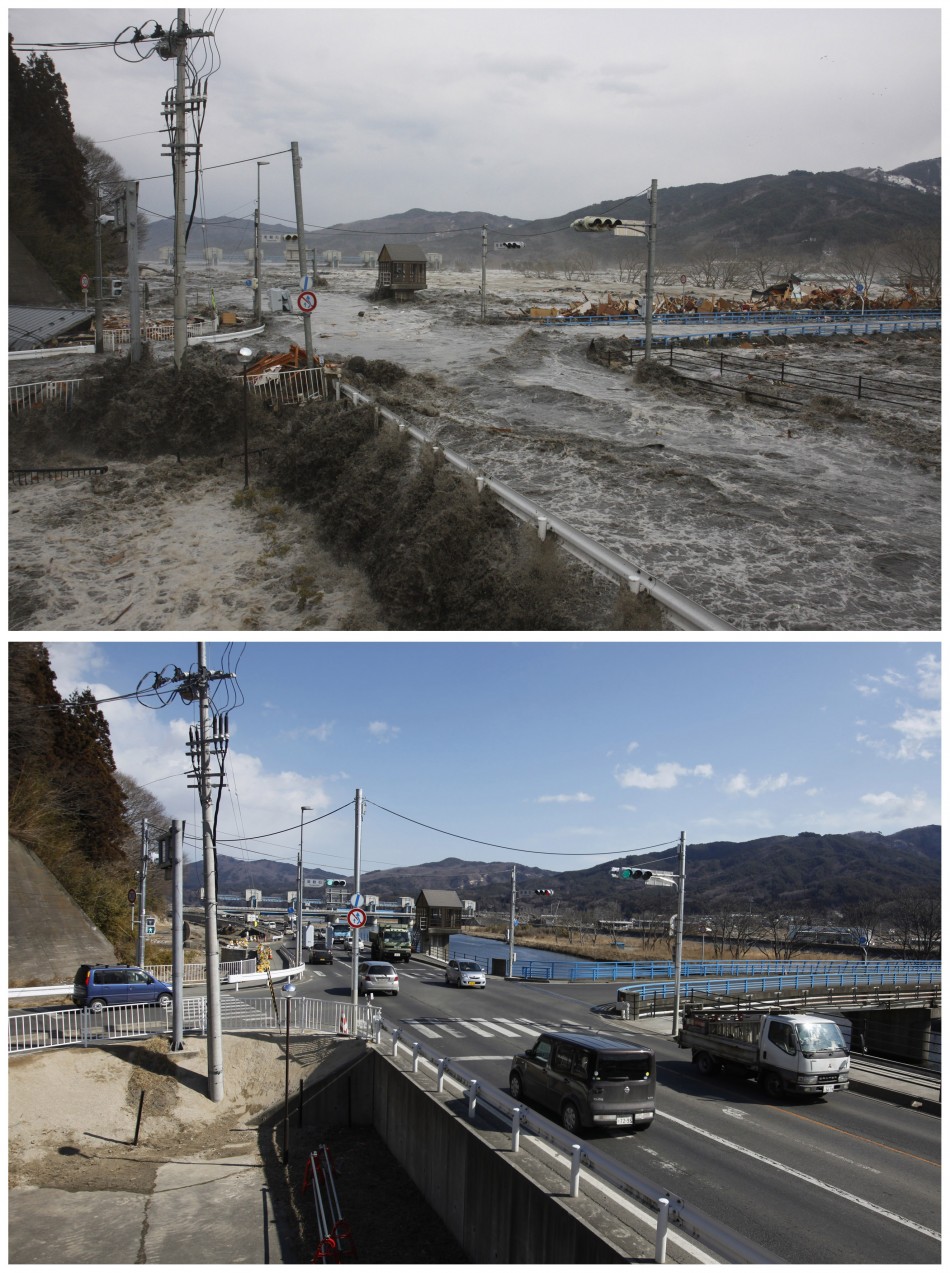 A combination photograph show the same location on two different dates in Miyako, Iwate Prefecture, northeastern Japan